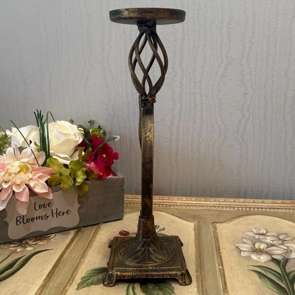 Bird & Leaf Design Brass Tone Finish Metal Candle Holder
